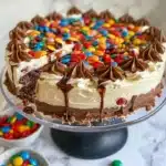 No-Bake M&M Snickers Cheesecake topped with candies and chocolate drizzle