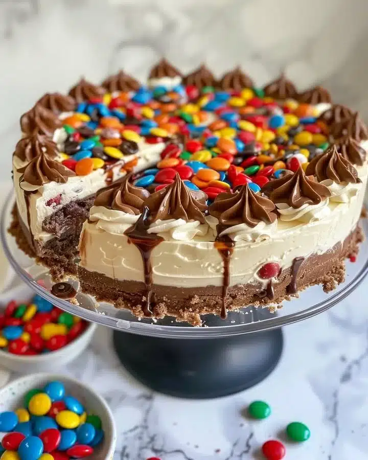 No-Bake M&M Snickers Cheesecake topped with candies and chocolate drizzle