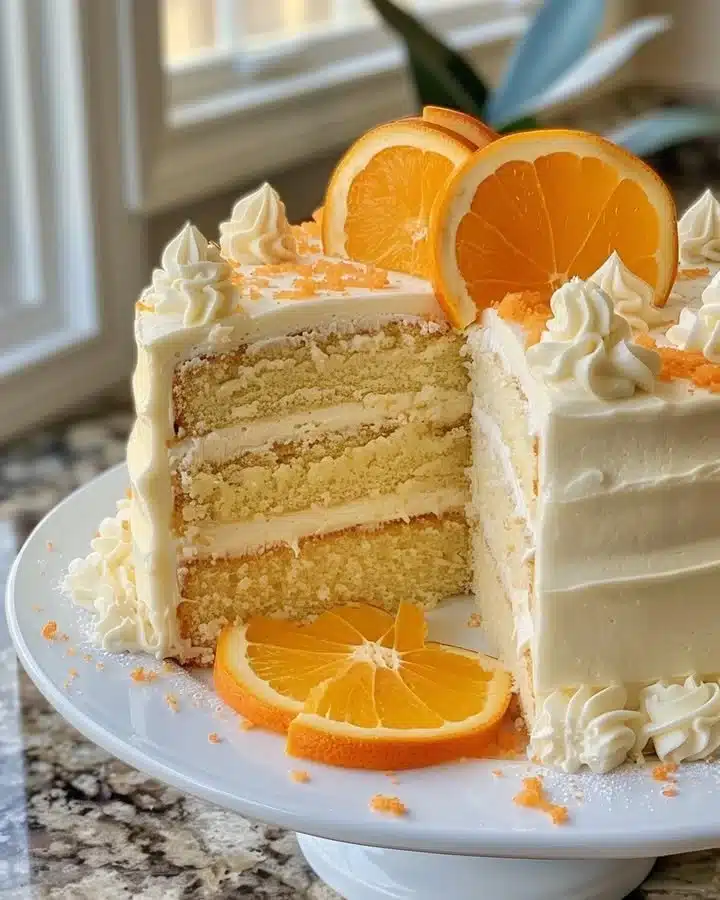 A slice of moist Orange Dreamsicle Cake with orange frosting and vibrant orange slices on top.