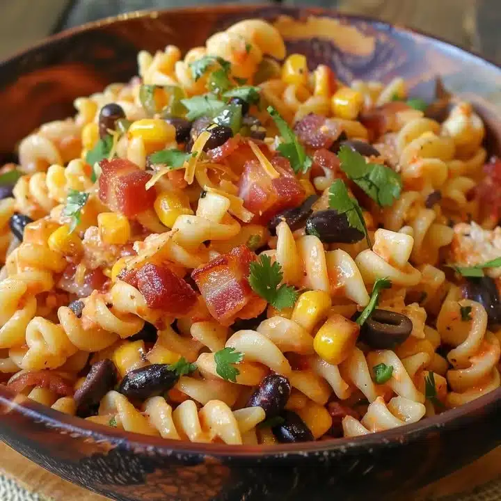 Colorful pasta salad with fresh vegetables and herbs in a bowl