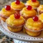 Pineapple Upside-Down Cupcakes with caramelized pineapple and cherry topping.