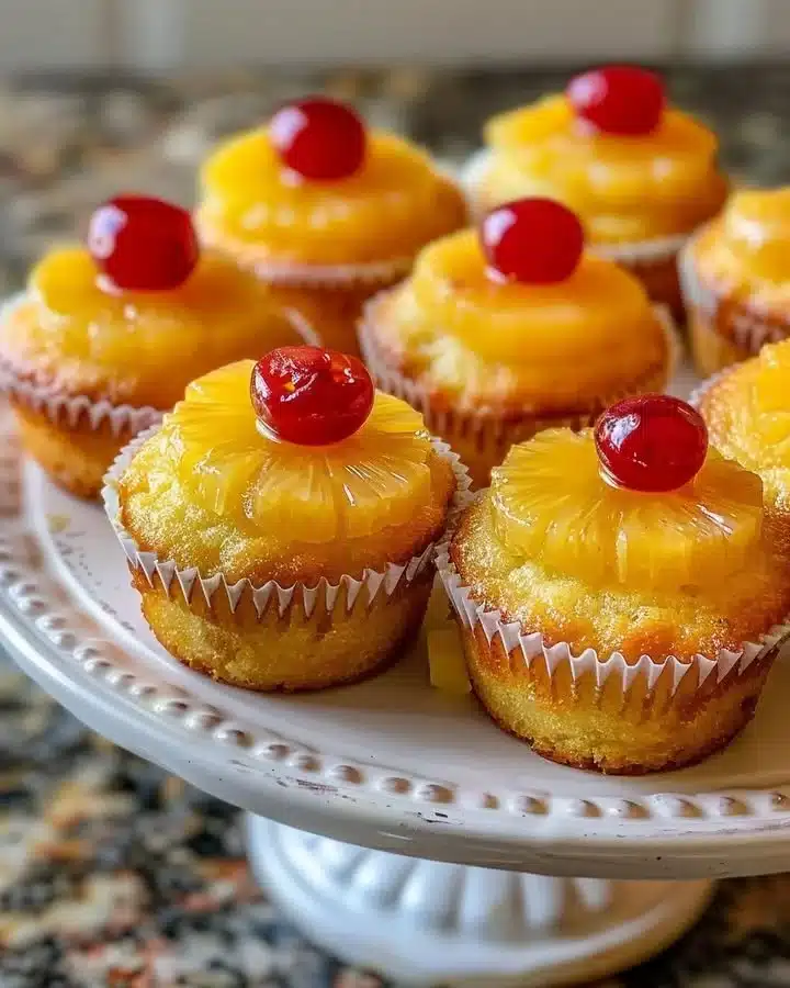 Pineapple Upside-Down Cupcakes with caramelized pineapple and cherry topping.