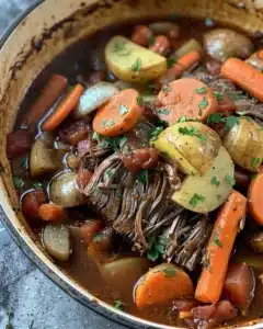 Delicious Red Wine Beef Chuck Roast served with vegetables