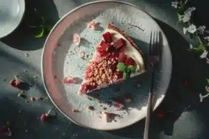 Delicious homemade rhubarb dessert served in a bowl, showcasing fresh ingredients.