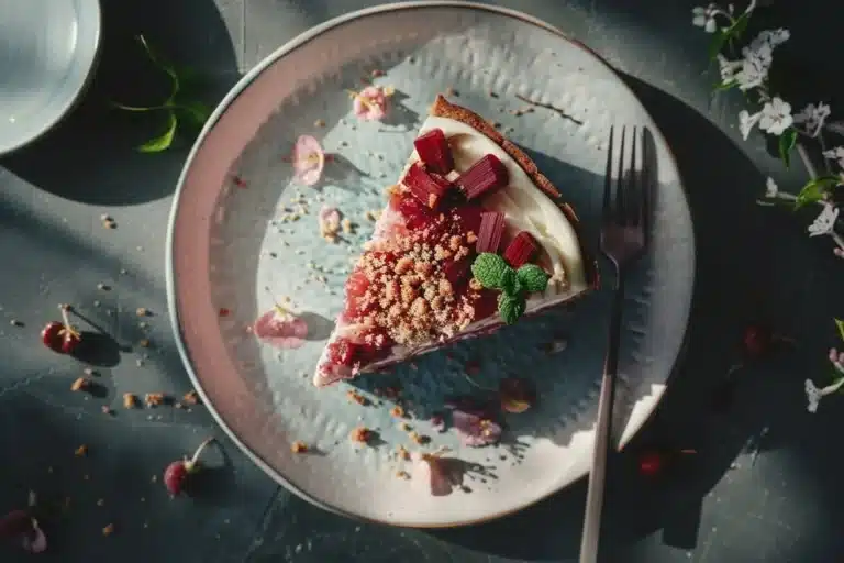 Delicious homemade rhubarb dessert served in a bowl, showcasing fresh ingredients.