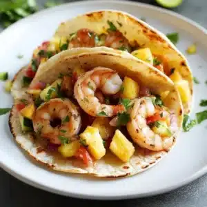 Shrimp tacos served with fresh pineapple salsa on a colorful plate