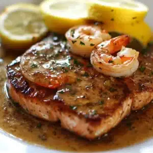 Delicious steak and shrimp cooked in garlic butter sauce served on a plate