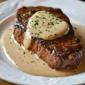 Juicy steak topped with rich garlic cream sauce on a plate