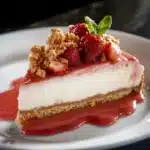 Delicious slice of strawberry cheesecake topped with fresh strawberries
