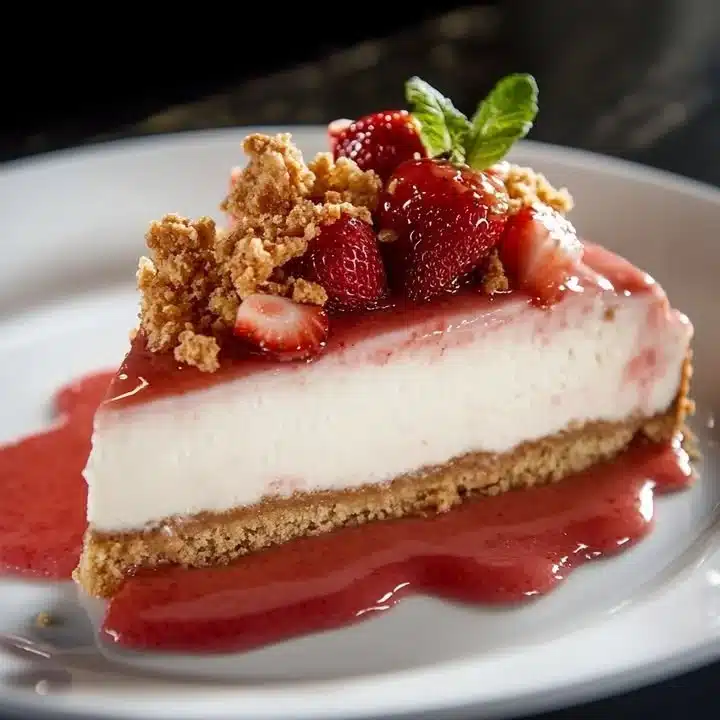 Delicious slice of strawberry cheesecake topped with fresh strawberries
