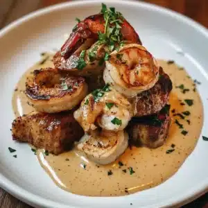 Delicious surf and turf dish featuring steak and seafood on a plate