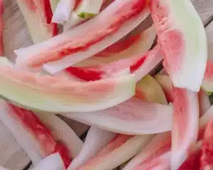 Delicious Watermelon Rind Candy made with sweetened rinds and a touch of lemon.