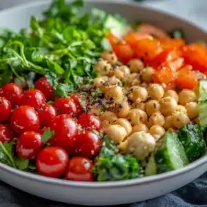 Fresh and vibrant vegan salad with colorful vegetables and dressing