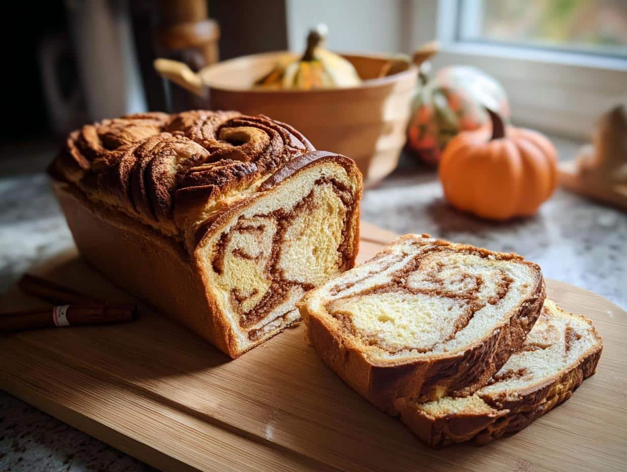Pumpkin Bread: Amazing 1-Hour Bake - Pumpkin Spice Swirl Bread - a slice of bread on a plate