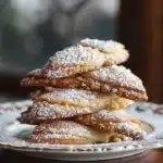 Plate of delicious homemade Almond Crescent Cookies decorated with powdered sugar