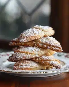 Plate of delicious homemade Almond Crescent Cookies decorated with powdered sugar