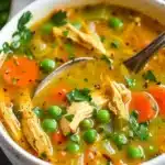 Bowl of anti-inflammatory chicken soup with fresh herbs and vegetables