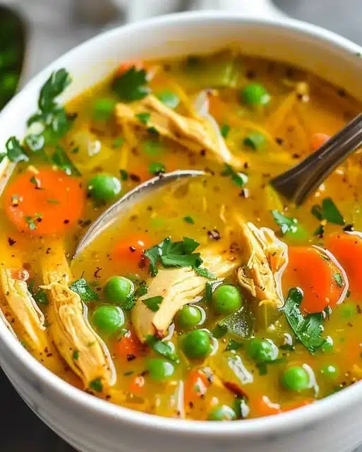 Bowl of anti-inflammatory chicken soup with fresh herbs and vegetables