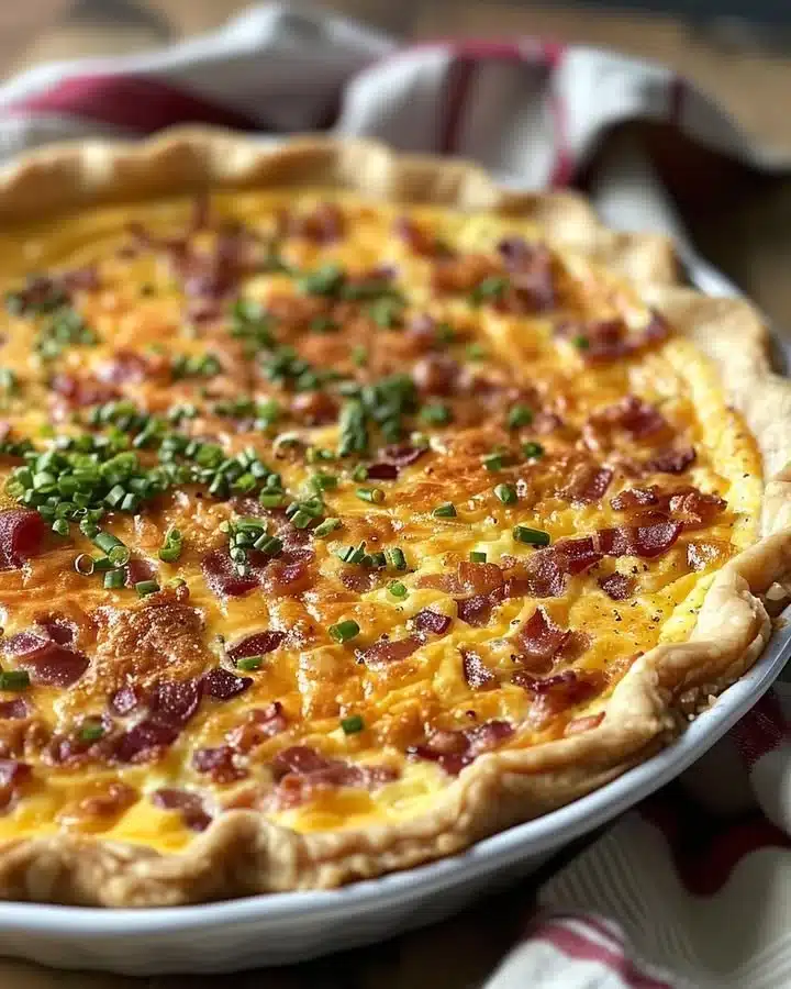 Delicious Bacon and Cheese Quiche served on a plate, perfect for brunch.