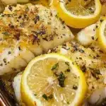 Plate of baked cod with lemon and garlic garnished with herbs