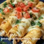 Baked cream cheese chicken taquitos served on a plate with dipping sauce.