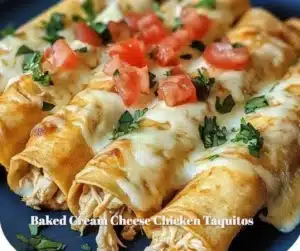 Baked cream cheese chicken taquitos served on a plate with dipping sauce.
