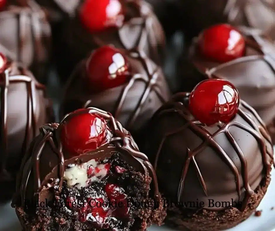 Black Forest Cookie Dough Brownie Bombs with chocolate and cherry toppings