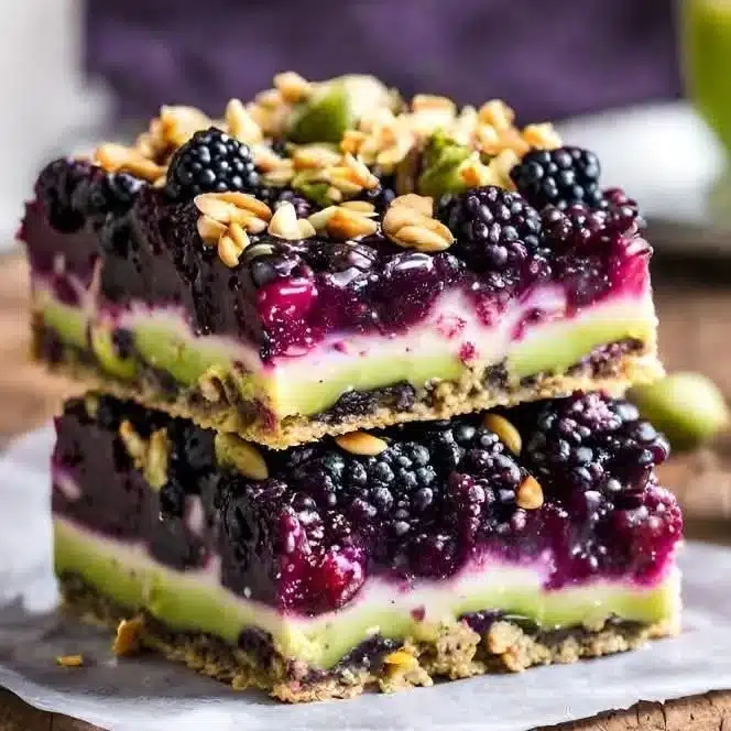 Delicious homemade Blackberry Pistachio Dream Bars ready to be served.
