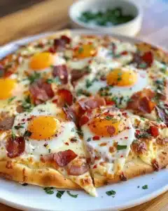 Breakfast Tortilla Pizza 4 Delicious breakfast tortilla pizza topped with eggs and veggies