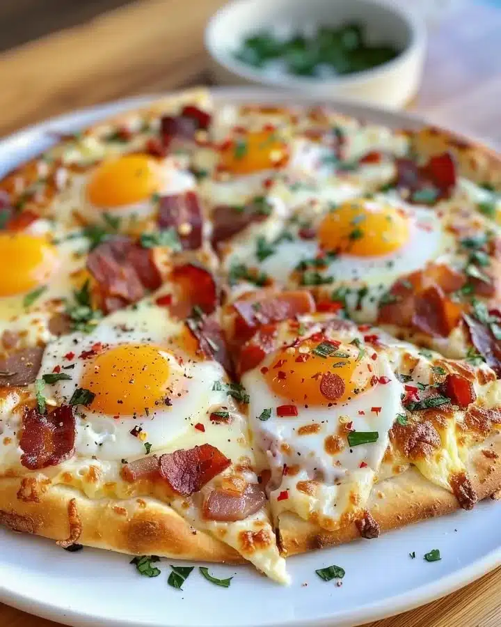 Delicious breakfast tortilla pizza topped with eggs and veggies