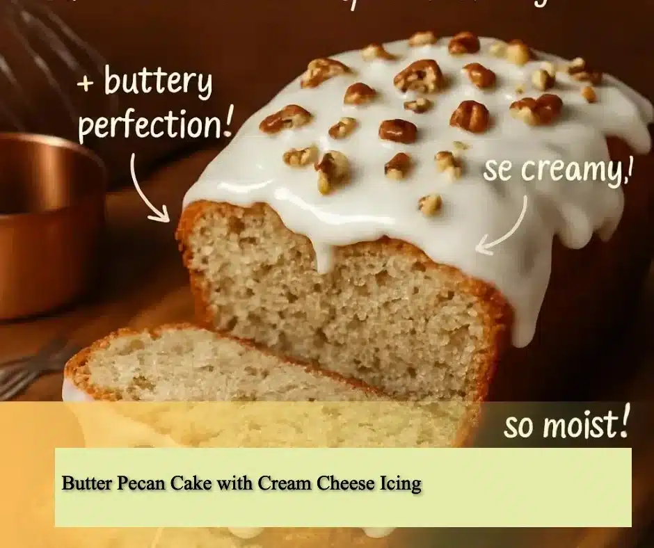 Butter Pecan Cake with Cream Cheese Icing beautifully decorated on a cake stand.