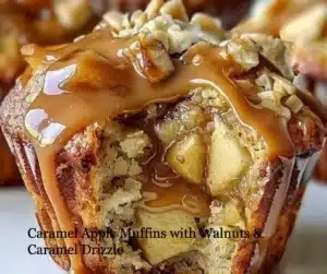 Delicious caramel apple muffins topped with walnuts and caramel drizzle