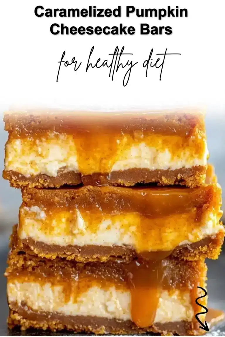 Caramelized pumpkin cheesecake bars topped with a creamy pumpkin layer and caramel drizzle.