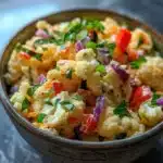 Fresh cauliflower salad with vegetables and dressing.