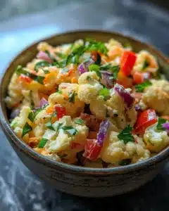 Fresh cauliflower salad with vegetables and dressing.