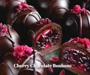 Cherry Chocolate Bonbons 3 Delicious Cherry Chocolate Bonbons arranged beautifully on a plate