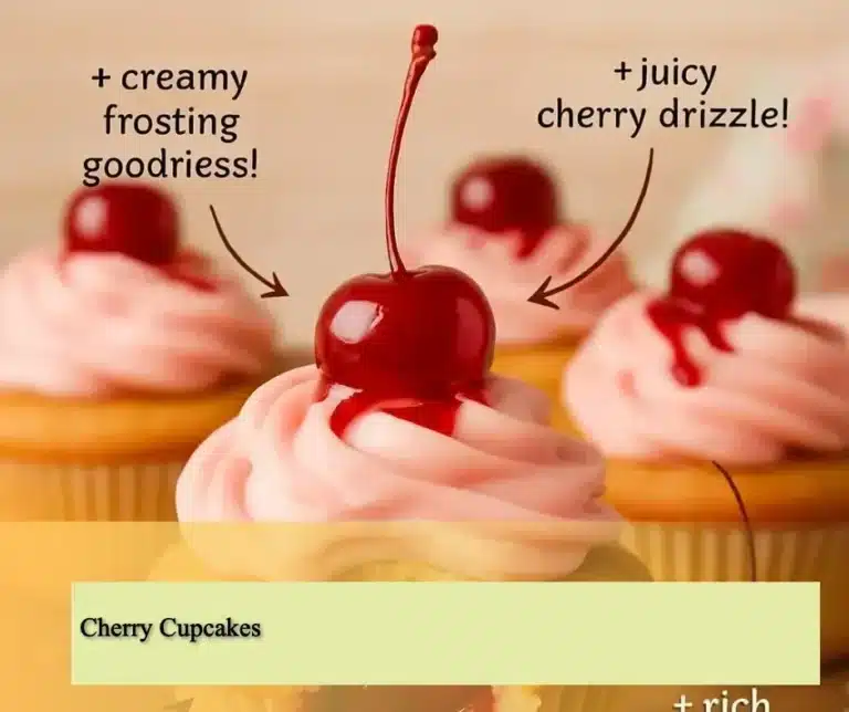Delicious homemade cherry cupcakes topped with fresh cherries and frosting