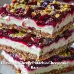 Christmas Cherry Pistachio Cheesecake Bars with festive toppings