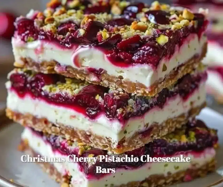 Christmas Cherry Pistachio Cheesecake Bars with festive toppings