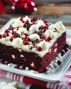 Christmas Red Velvet Poke Cake with cream cheese frosting and festive decorations