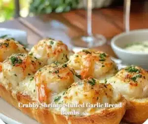Crabby Shrimp-Stuffed Garlic Bread Bombs 4 Crabby shrimp-stuffed garlic bread bombs on a plate