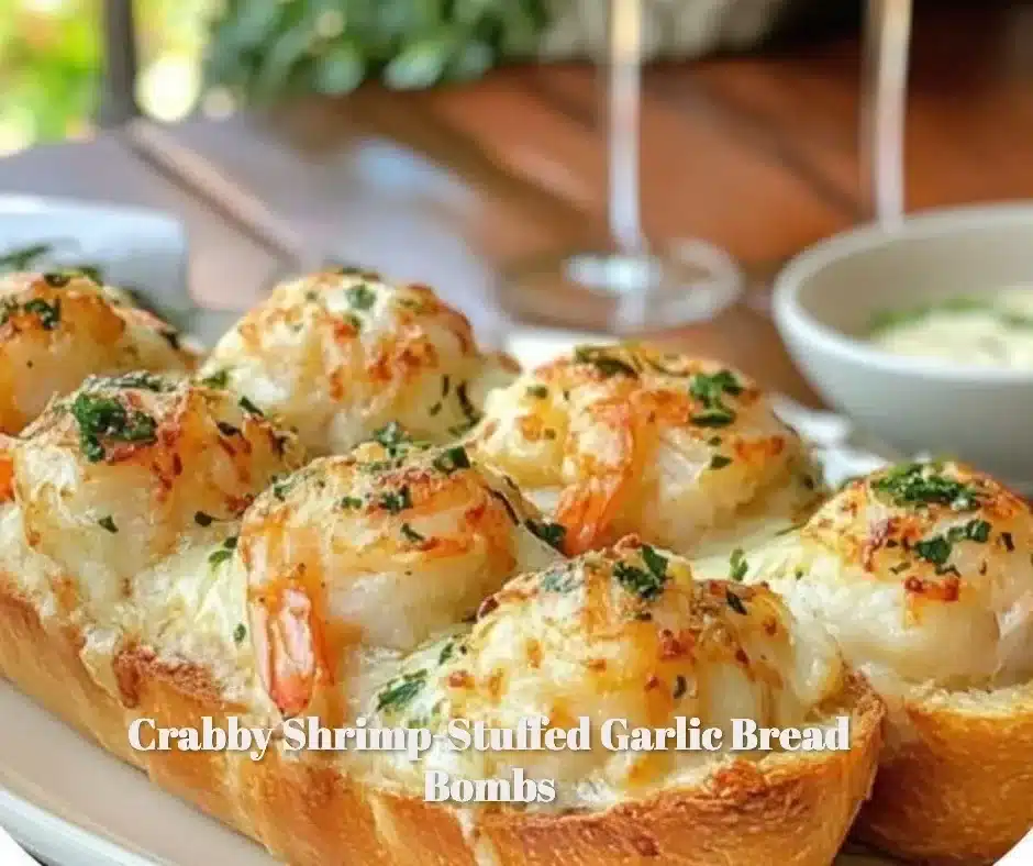 Crabby shrimp-stuffed garlic bread bombs on a plate
