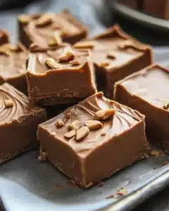 Delicious creamy peanut butter fudge in a square shape ready to be served