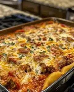 Creamy ricotta beef stuffed shells baked in marinara sauce