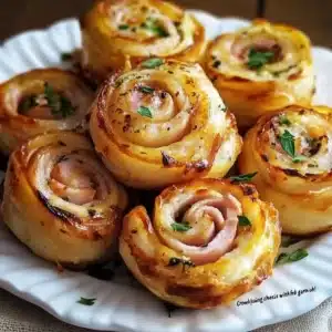 Delicious ham and cheese pinwheels garnished with fresh herbs on a serving platter