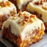 Decadent carrot cake bars topped with cream cheese frosting