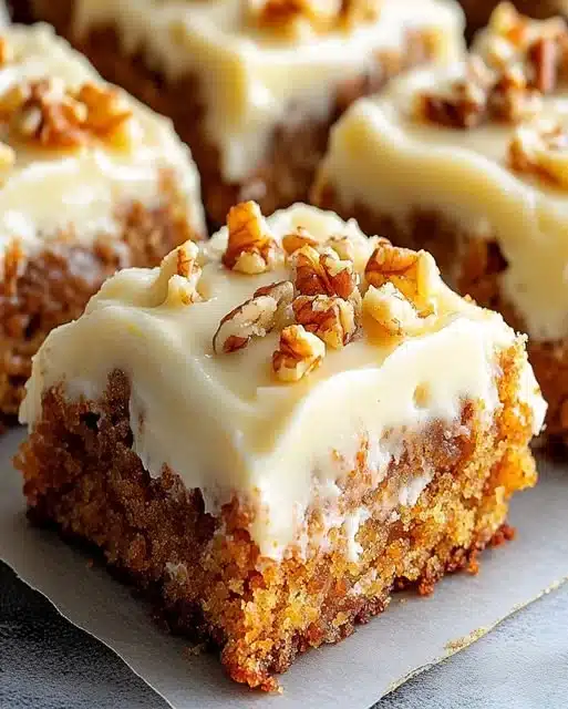Decadent carrot cake bars topped with cream cheese frosting