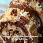 Decadent German Chocolate Coconut Pecan Roll Cake with coconut and pecan topping