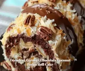 Decadent German Chocolate Coconut Pecan Roll Cake with coconut and pecan topping