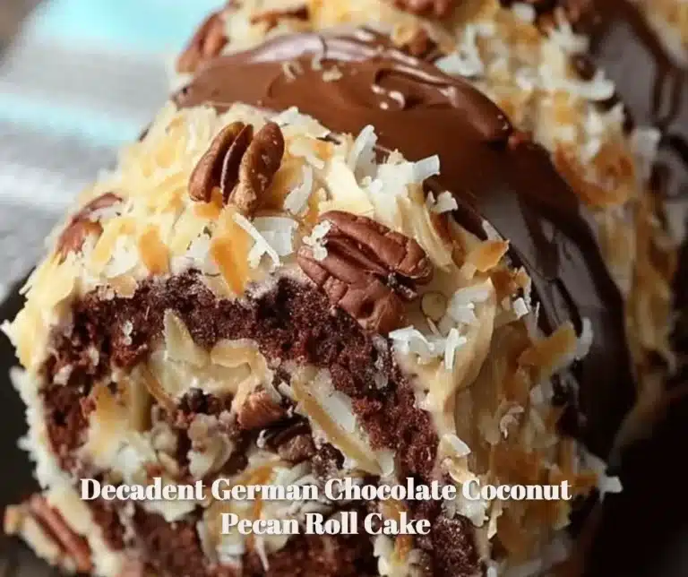 Decadent German Chocolate Coconut Pecan Roll Cake with coconut and pecan topping